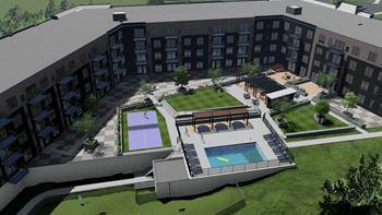 A rendering of a courtyard with a pool and a pavilion surrounded by apartment buildings at Olivine Apartments, Victoria, MN